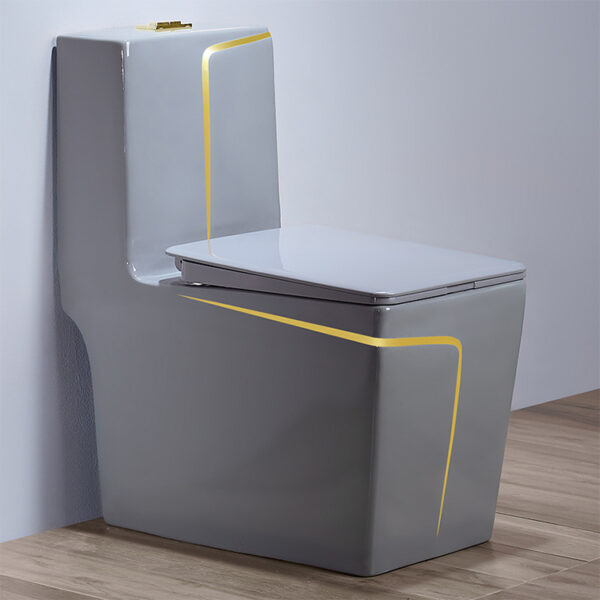 Luxury Hotel Matt Grey Ceramic Golden Line Plated Bathroom Commode Closet One Piece Square Toilet - Image 2