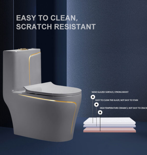 Luxury Hotel Matt Grey Ceramic Golden Line Plated Bathroom Commode Closet One Piece Square Toilet - Image 3